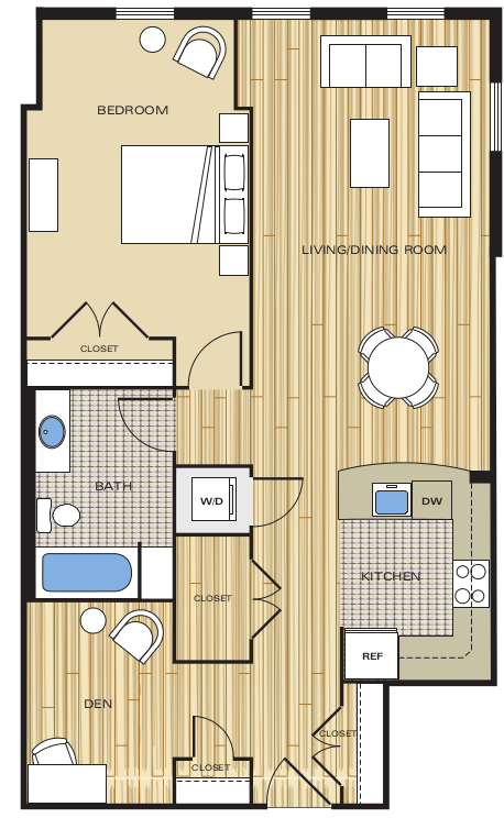 1 Bed1 Bath Den 853sf Floor Plan at Clayborne Apartments, Alexandria, VA